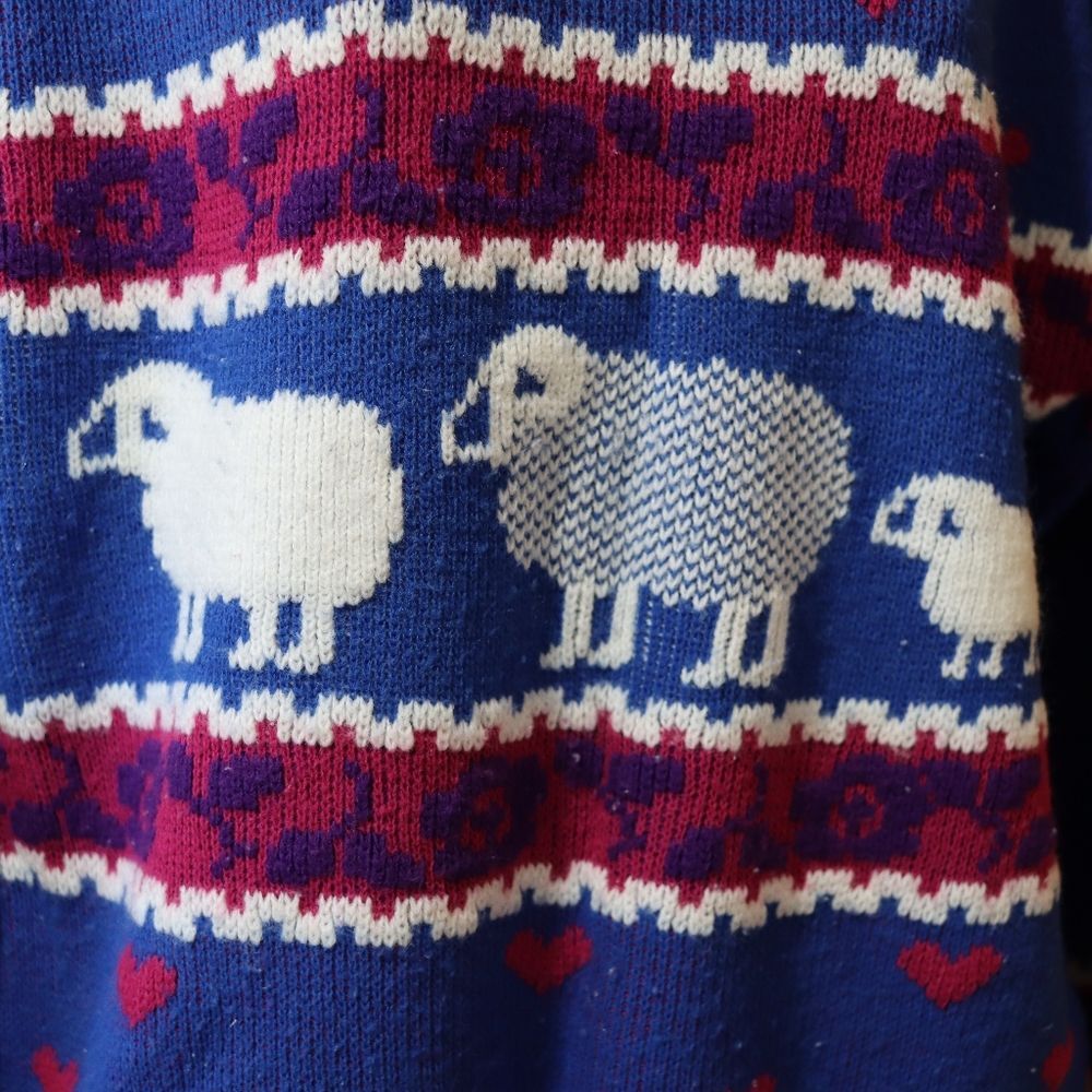 Private Eyes Vintage Blue Heart & Sheep Knit Sweater Retro Cozy Large USA - Picture 6 of 14